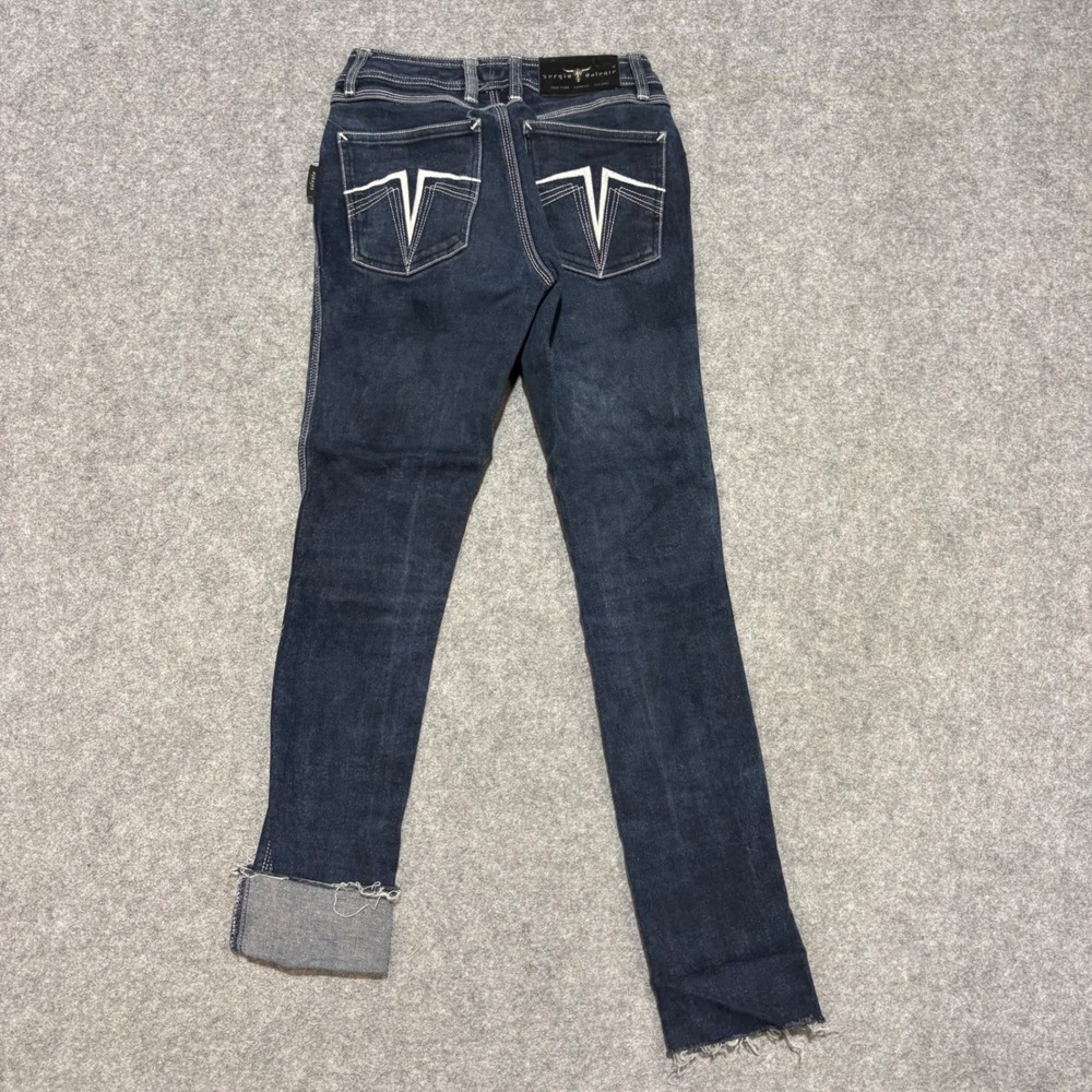 Sergio Valente Dark Wash Skinny Jeans Embroidered Logo Frayed Hem Size 25